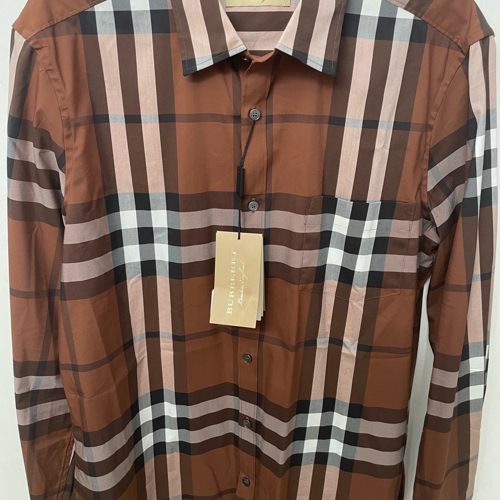 Burberry London Large Button Down Authentic Mens Russett Brown Stretch Shirt New